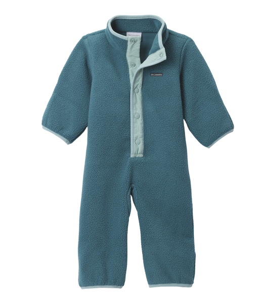 Infant wearing Columbia Helvetia™ Bunting in Everblue/Crushed Blue – soft Sherpa fleece suit with fold-over hands and feet.