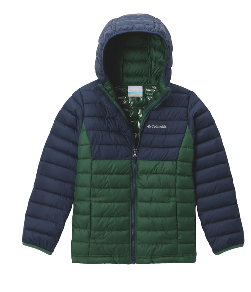 Columbia Boys Powder Lite II Hooded Insulated Jacket with Omni-Heat reflective lining and water-resistant shell – warm, eco-friendly outerwear for kids.