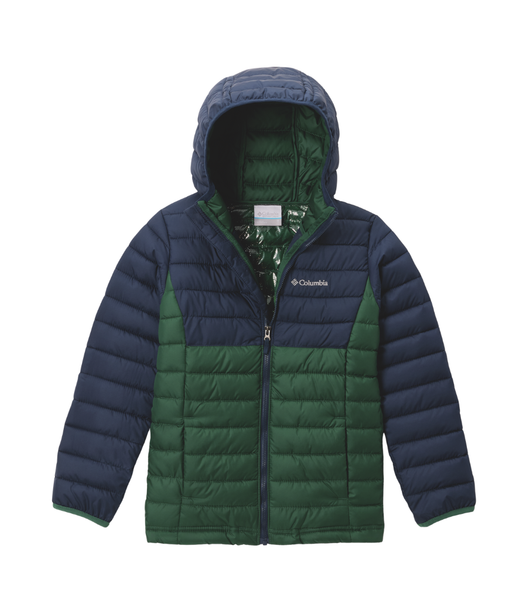 Columbia Powder Lite II Hooded Jacket in Rain Forest and Navy for boys ages 10 to 20