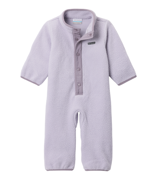 Infant wearing Columbia Helvetia™ Bunting in Lavender Pearl – soft Sherpa fleece suit with fold-over hands and feet