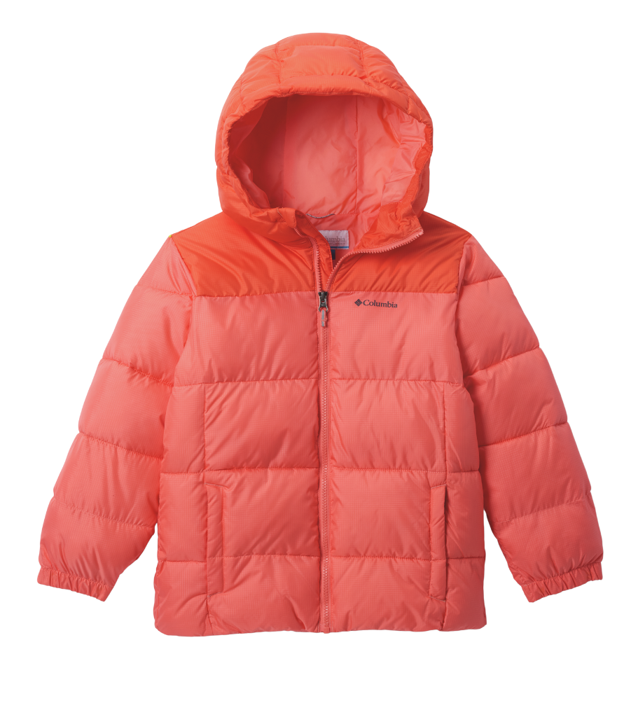 Columbia Puffect Hooded Jacket for kids in Hot Coral/Zing – insulated recycled puffer for ages 4–8

