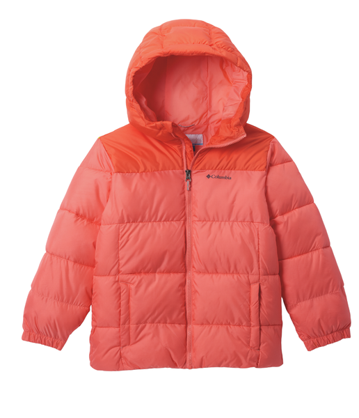 Columbia Puffect Hooded Jacket for kids in Hot Coral/Zing – insulated recycled puffer for ages 4–8

