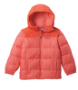 Columbia Puffect Hooded Jacket for kids in Hot Coral/Zing – insulated recycled puffer for ages 4–8

