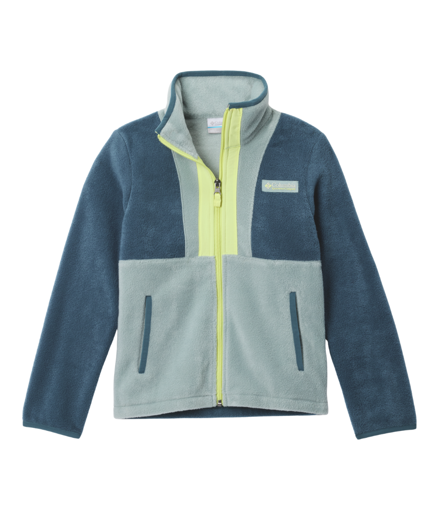 Columbia Back Bowl II Full Zip Fleece for kids ages 4 to 8 in Everblue and Crushed Blue – warm winter layer with retro style