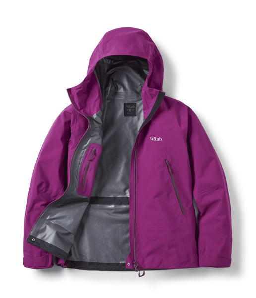 WOMEN'S KANGRI GTX HIKING JACKET IN PURPLE OPEN TO SHOW FEATURES