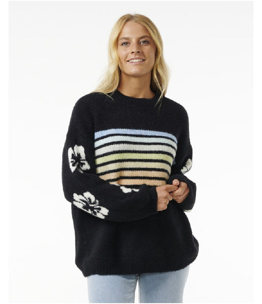 WOMEN'S HIGH TIDE HIBISCUS STRIPE CREW - BLACK